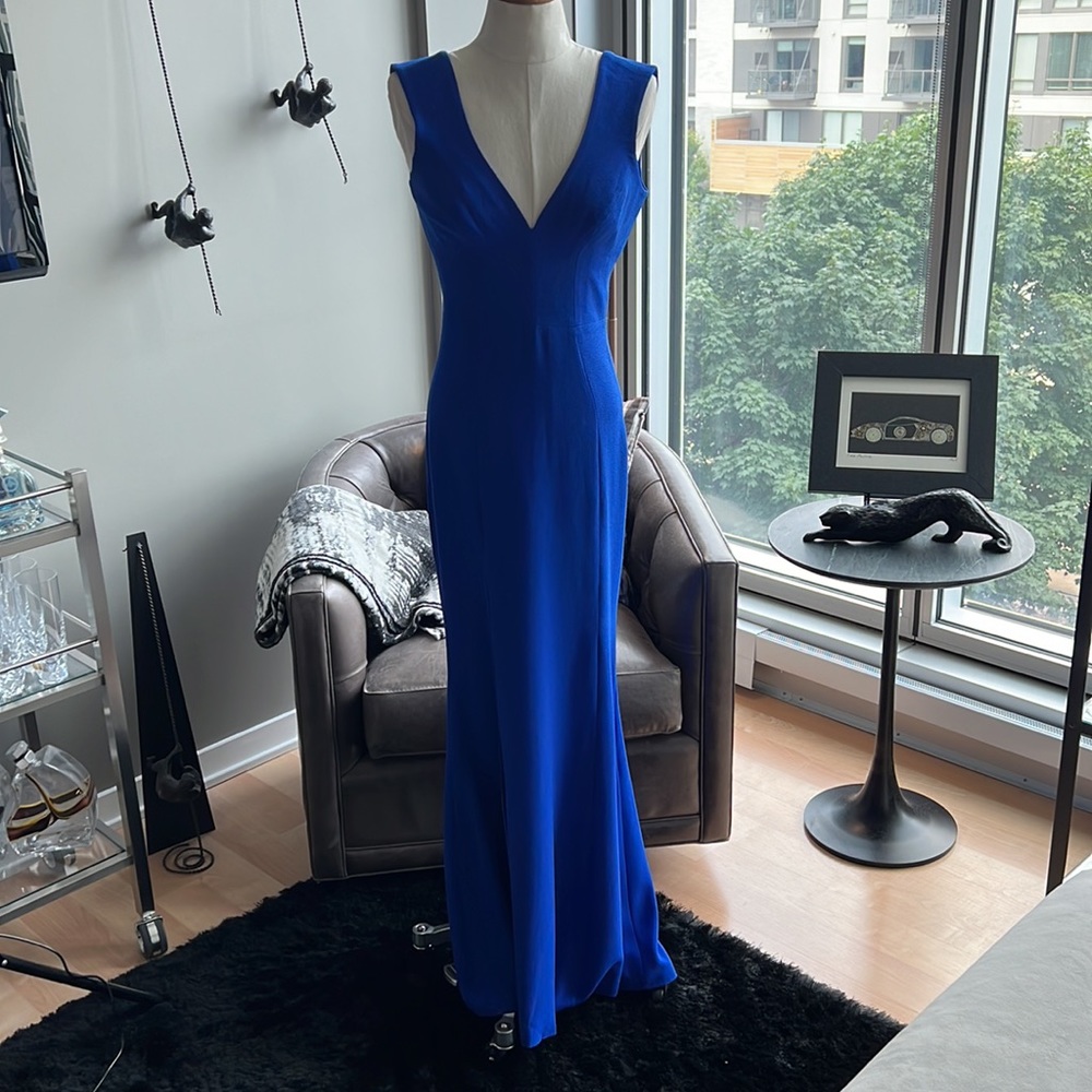 New Electric Blue DRESS THE POPULATION Sandra Plunge Crepe Trumpet Gown Size XXS